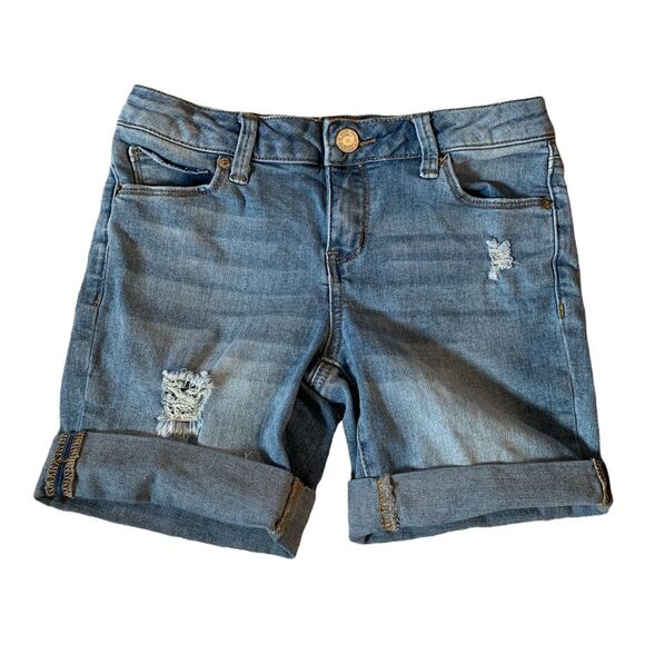 MUDD Girl's Jean Shorts Blue Stretch Size 12 Adjustable Waist Distressed Cuffed - Picture 1 of 12